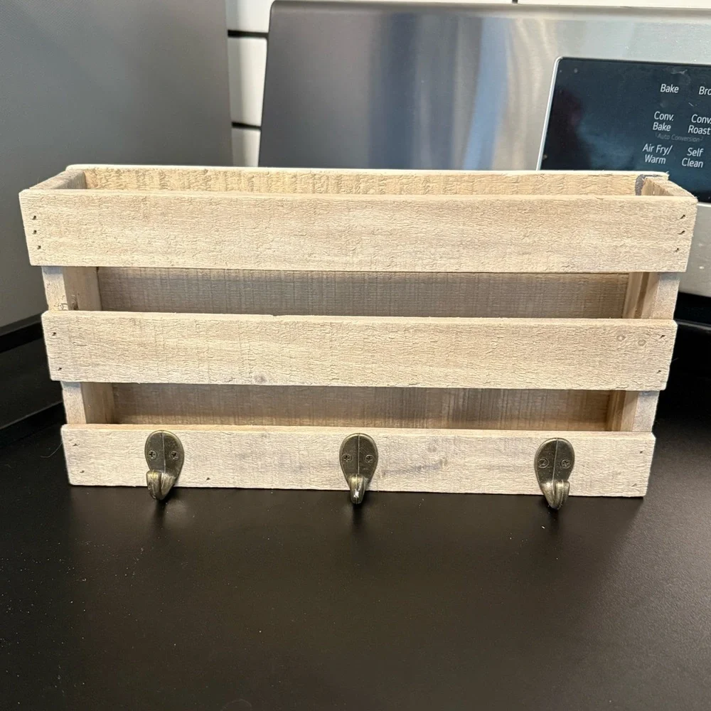 Rustic Wooden Wall Organizer Mail Slot & Key Hooks Light Natural Wood.